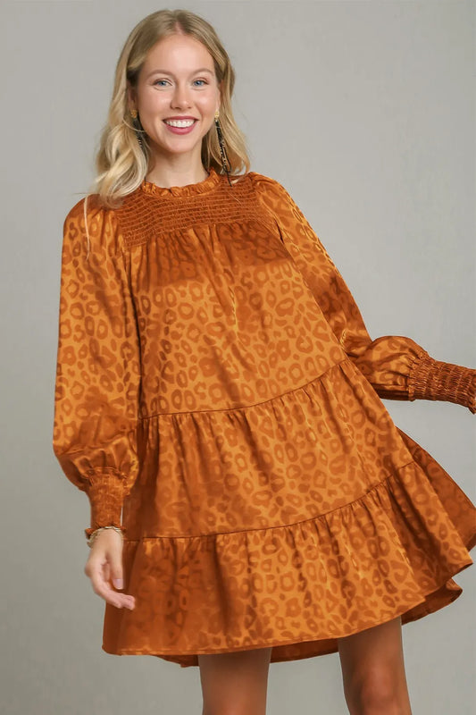 Umgee Smocked Leopard Long Sleeve Tiered Dress Copper