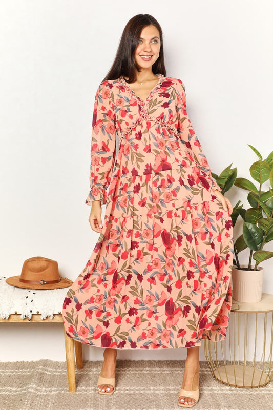 Double Take Floral Frill Trim Flounce Sleeve Plunge Maxi Dress Floral