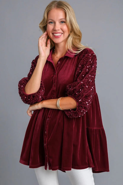 Umgee Sequin Detail Tiered Back Half Sleeve Shirt Wine