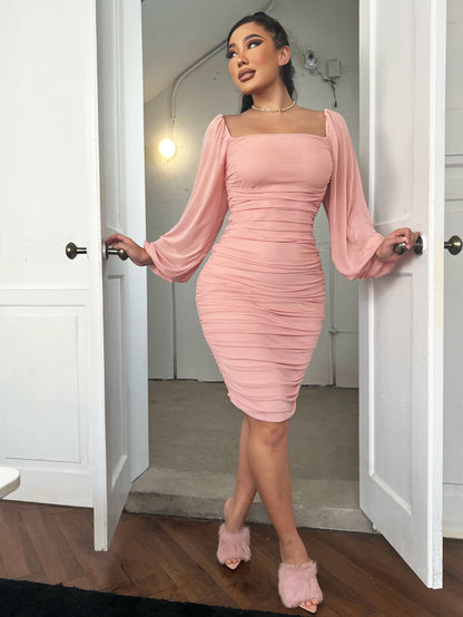 Zip-Back Ruched Bodycon Dress Pink