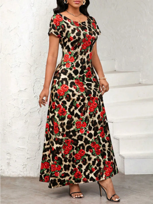 Printed Round Neck Short Sleeve Maxi Tee Dress