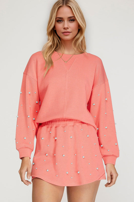 Oh Pearl Trim Round Neck Long Sleeve Top and Skirt Set Burnt Coral