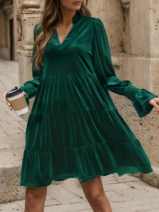 Perfee Notched Long Sleeve Tiered Dress Dark Green
