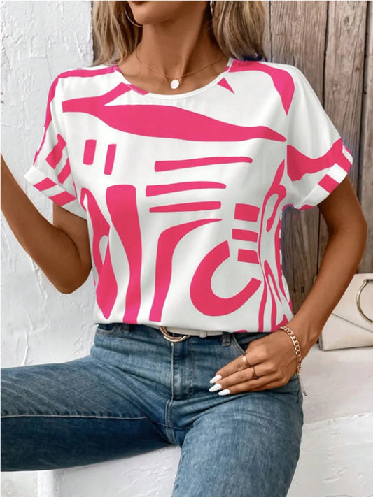 Contrast Round Neck Short Sleeve Blouse Hot Pink