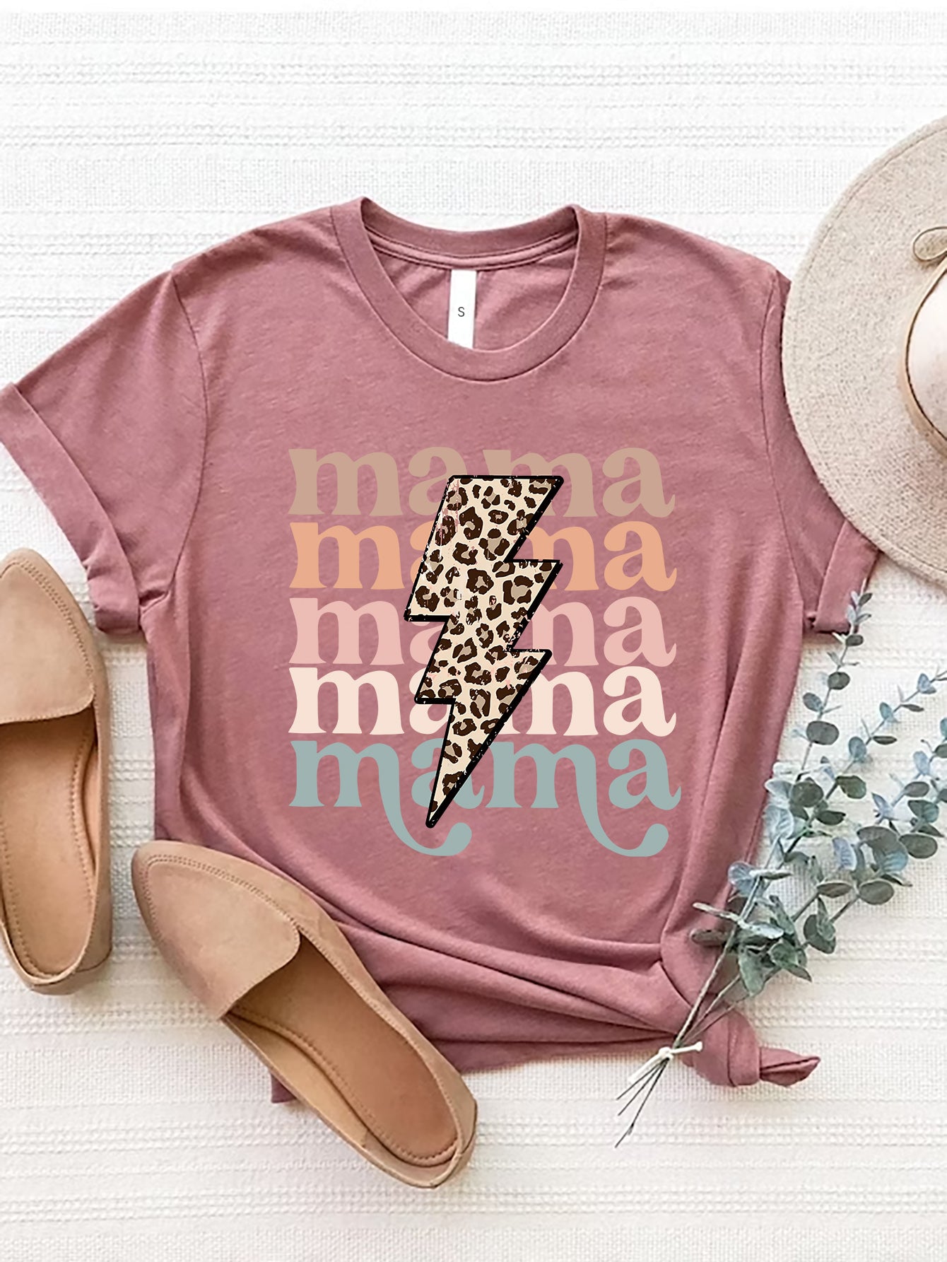 MAMA Round Neck Short Sleeve T-Shirt Dusty Pink