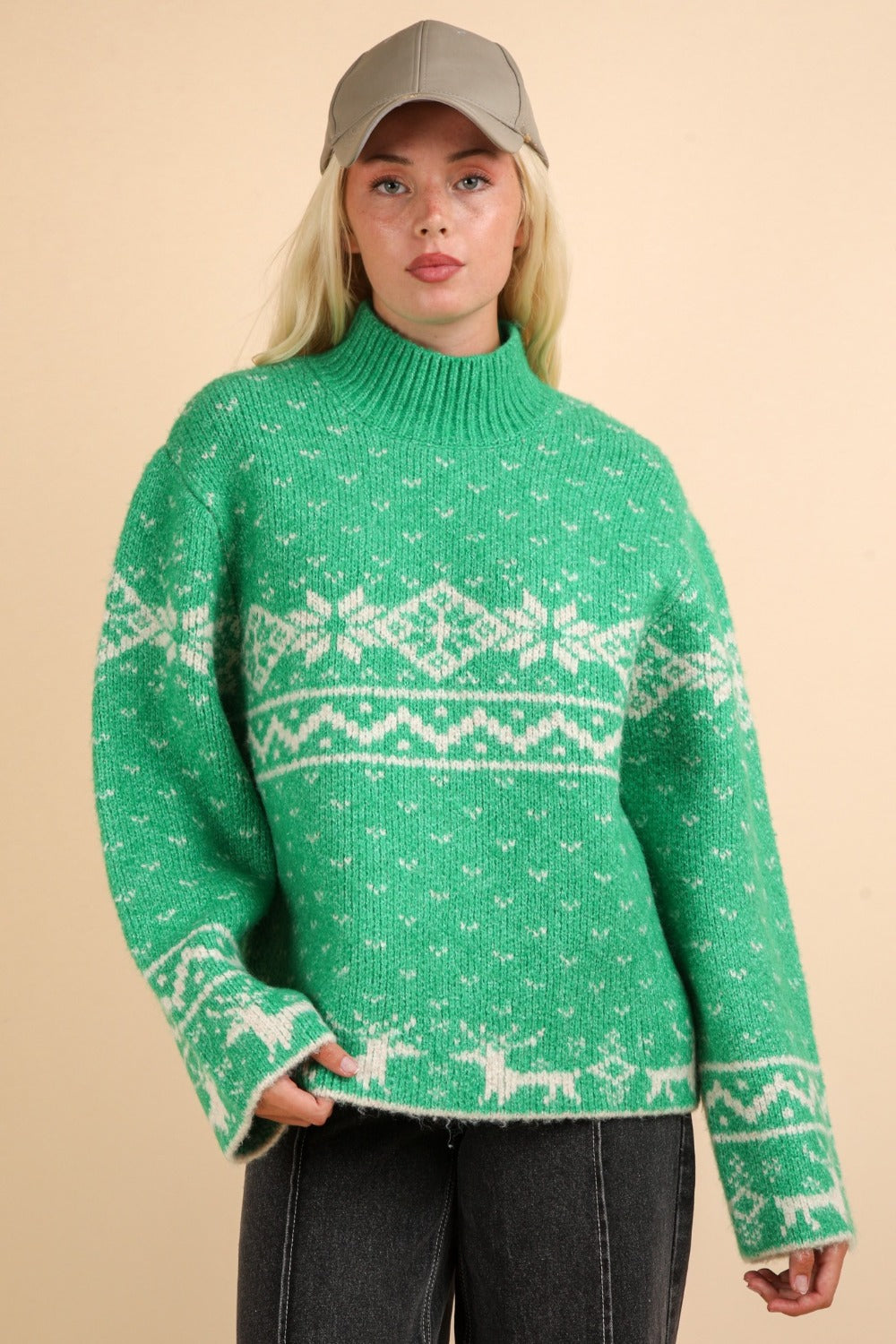 VERY J Christmas Element Mock Neck Long Sleeve Sweater Green