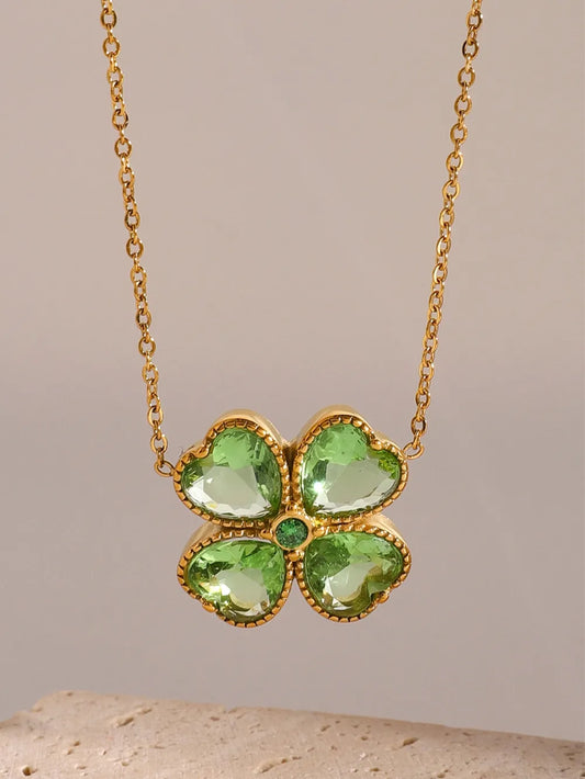 Stainless Steel Zircon Lucky Clover Pendant Necklace Green One Size