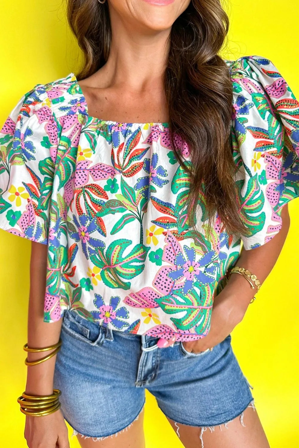 Plant Print Loose Fit Puff Sleeve Square Neck Blouse Floral