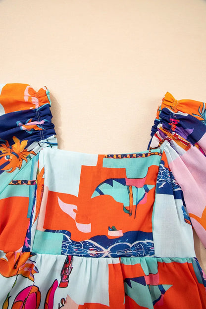 Printed Square Neck Ruffled Short Sleeve Blouse