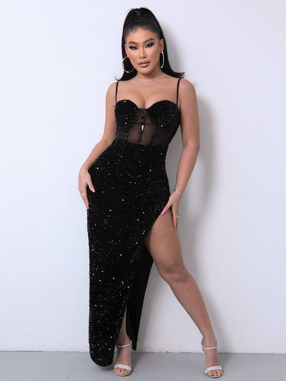 Sequin Spliced Mesh Adjustable Strap Dress Black