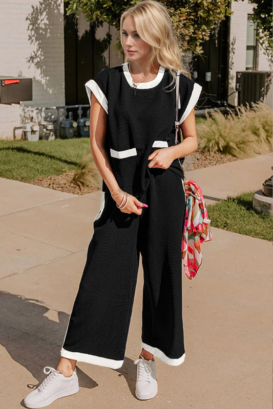Oh Texture Contrast Trim Round Neck Cap Sleeve Top and Pants Set Black
