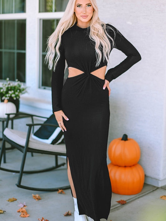 Cutout Round Neck Long Sleeve Slit Maxi Dress Black