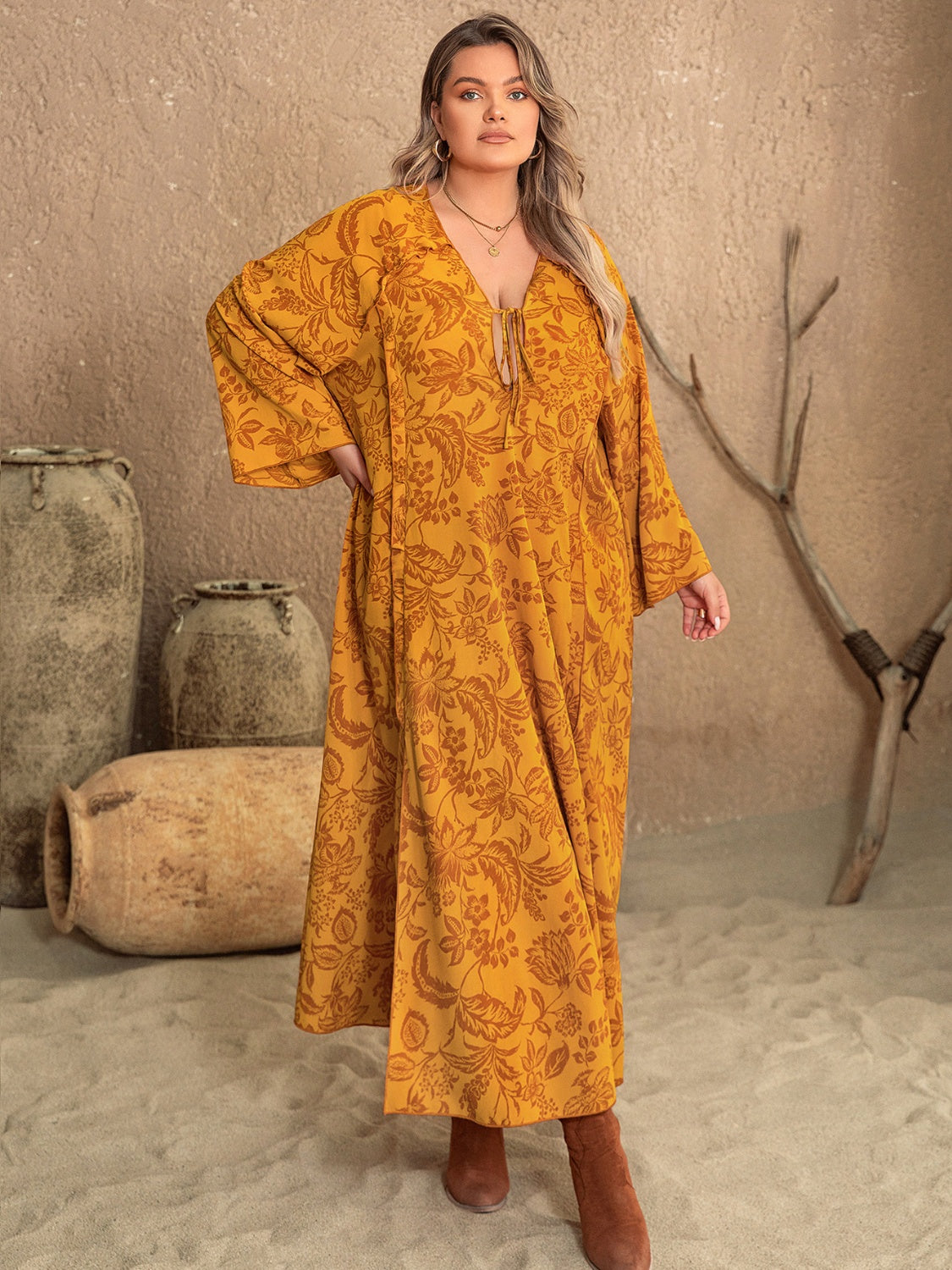Plus Size Printed Slit Long Sleeve Dress Tangerine