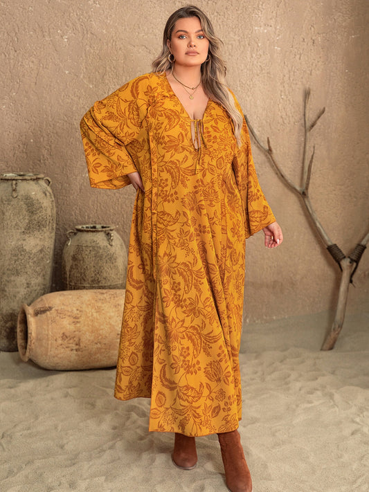 Plus Size Printed Slit Long Sleeve Dress Tangerine
