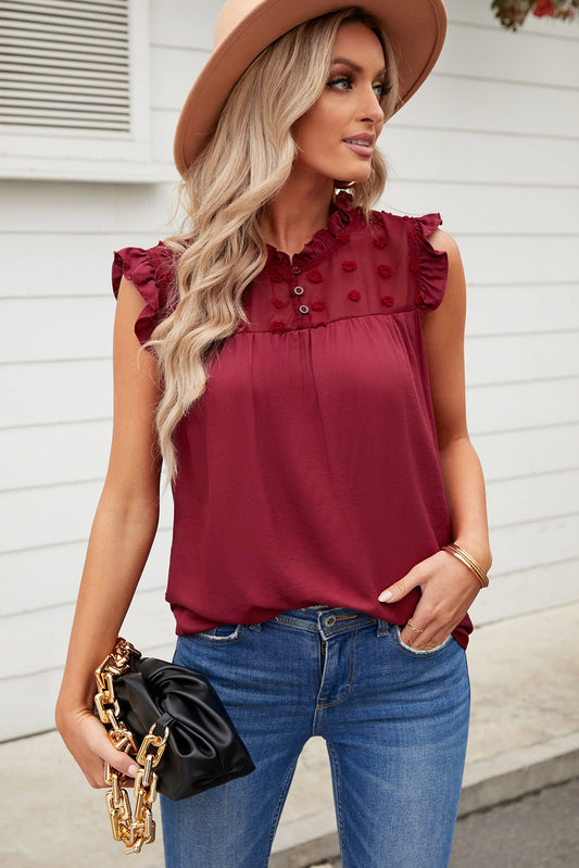 Swiss Dot Buttoned Ruffle Trim Tank Deep Red
