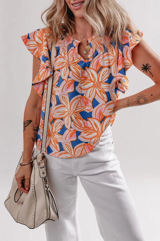Flower Print Notched Neck Ruffle Sleeve Blouse Pale Blush