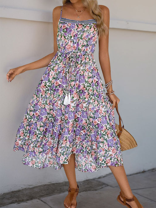 Perfee Decor Button Printed Sleeveless Tiered Midi Dress Pink Purple