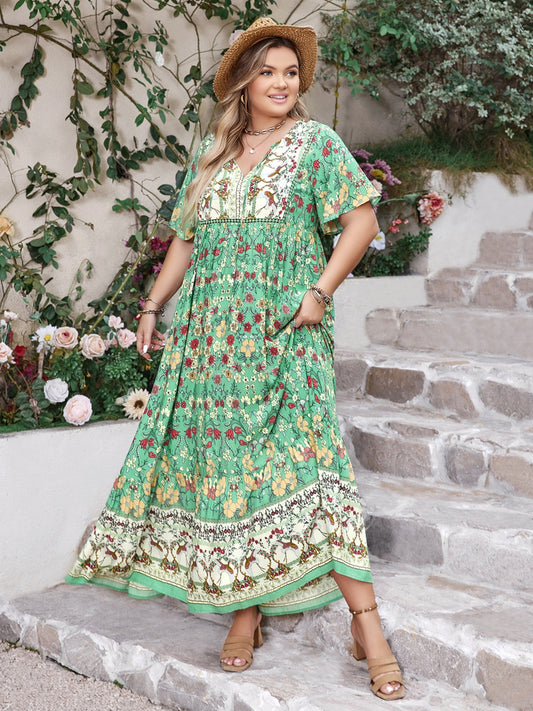 Plus Size Floral Tie Neck Flutter Sleeve Maxi Dress Gum Leaf