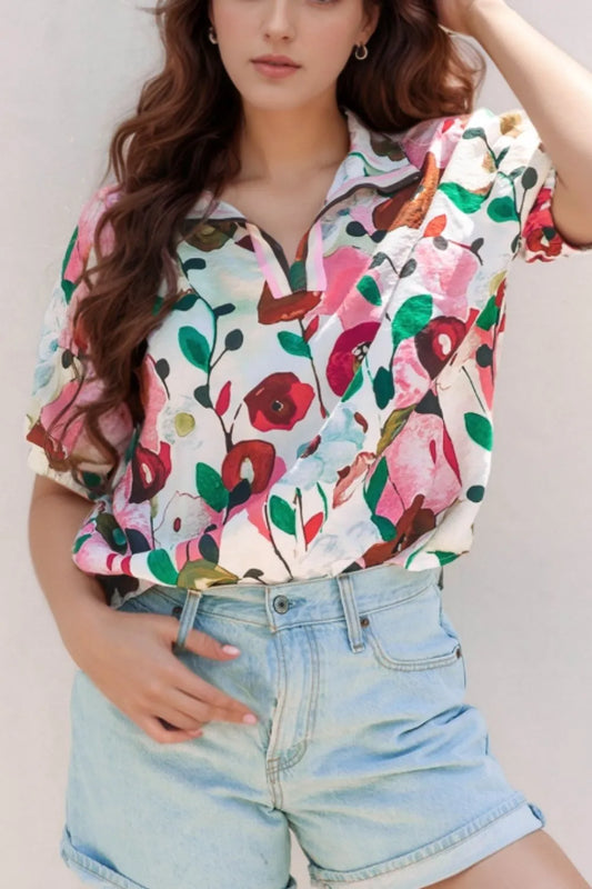 Floral Print Short Sleeve Blouse Dusty Pink