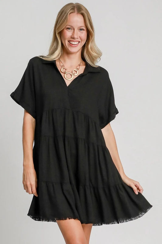 Umgee Full Size Raw Hem Folded Sleeve Tiered Dress Plus Size Black