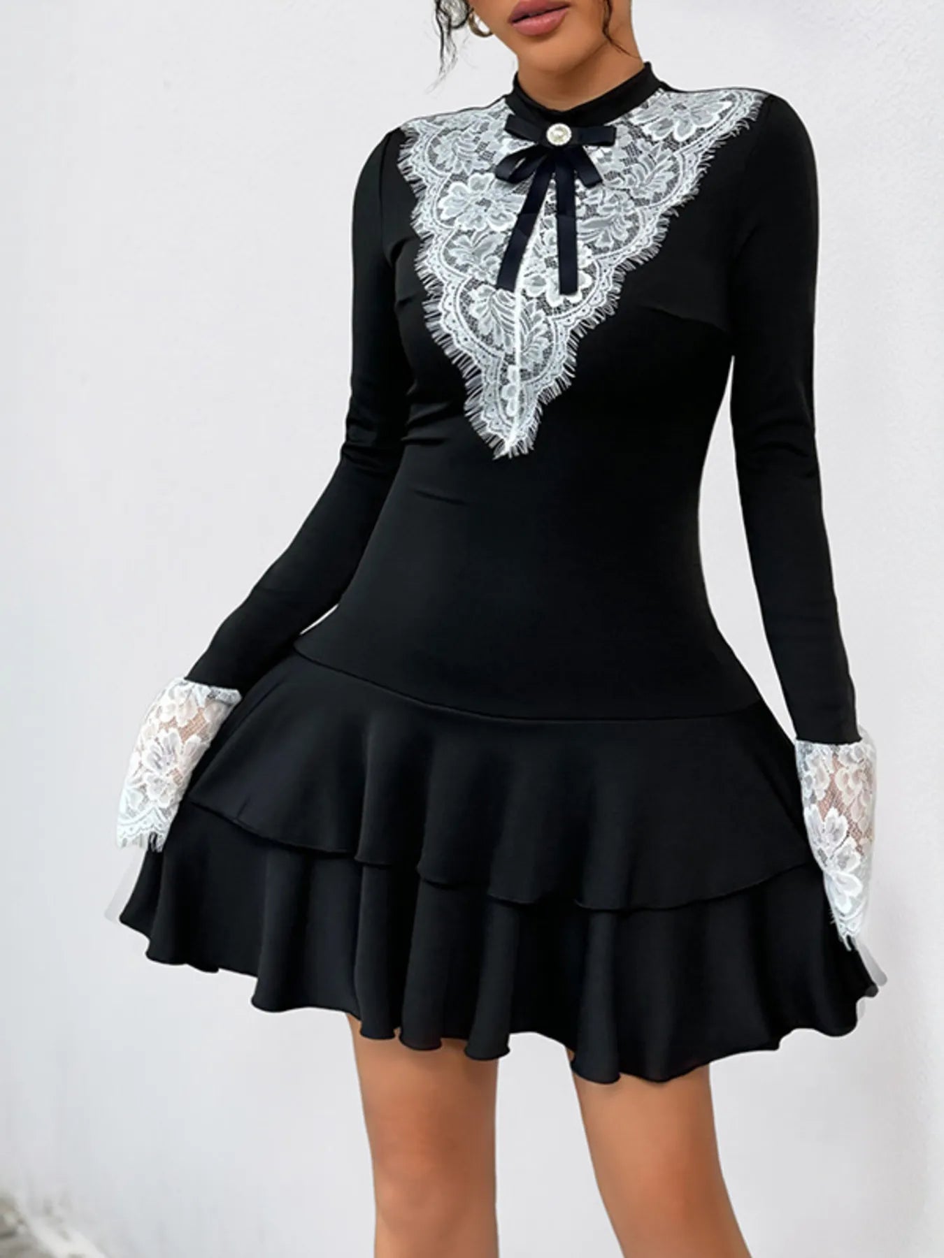 Lace Detail Long Sleeve Mini Dress Black