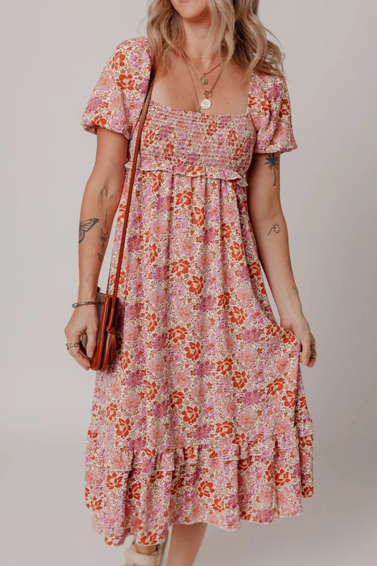Floral Square Neck Knotted Ruffle Midi Dress Dusty Pink