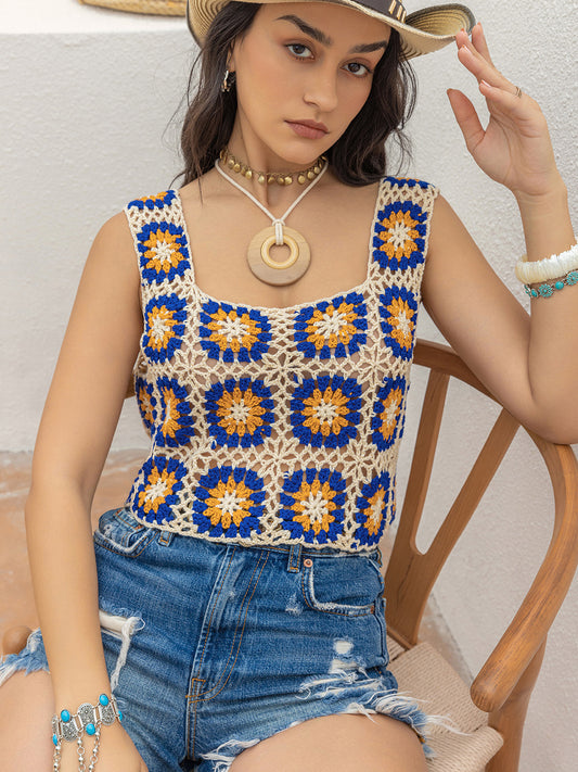 Openwork Graphic Square Neck Tank Royal Blue