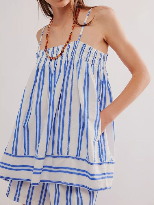 Smocked Square Neck Cami and Shorts Set Blue