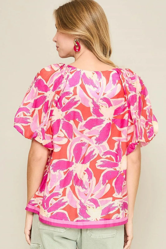 Umgee Floral Notched Puff Sleeve Blouse