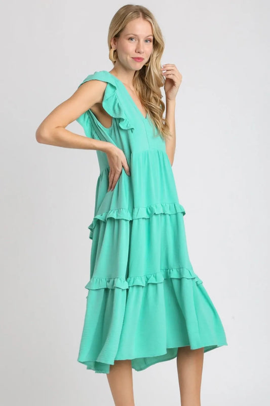 Umgee Full Size Ruffle Tiered Cap Sleeve Midi Dress Plus Size
