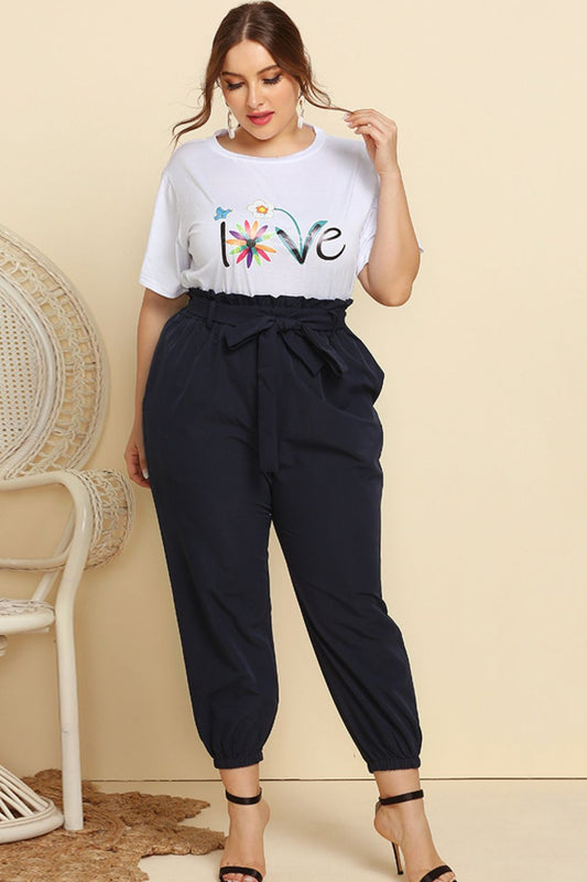 Graphic Tee and Belted Paperbag Joggers Set White