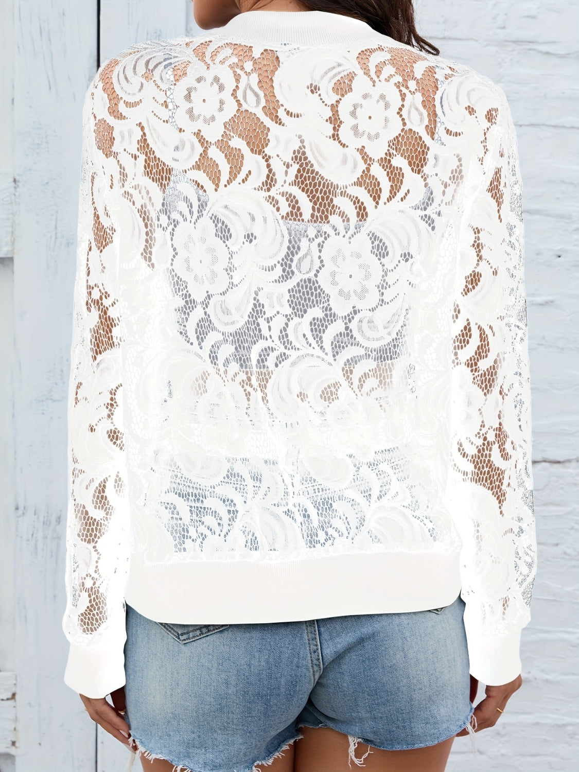 Sheer Lace Zip Up Long Sleeve Jacket White