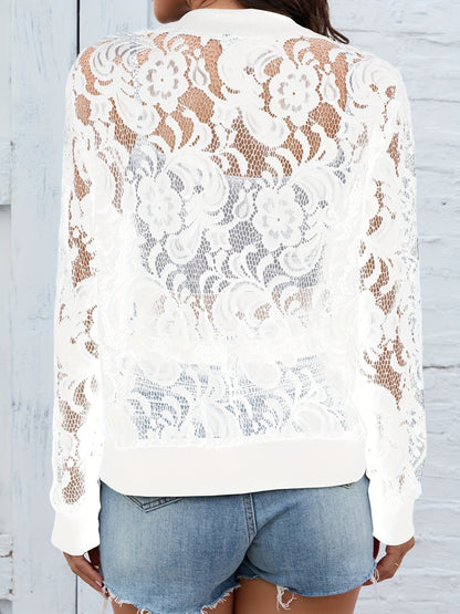 Sheer Lace Zip Up Long Sleeve Jacket White