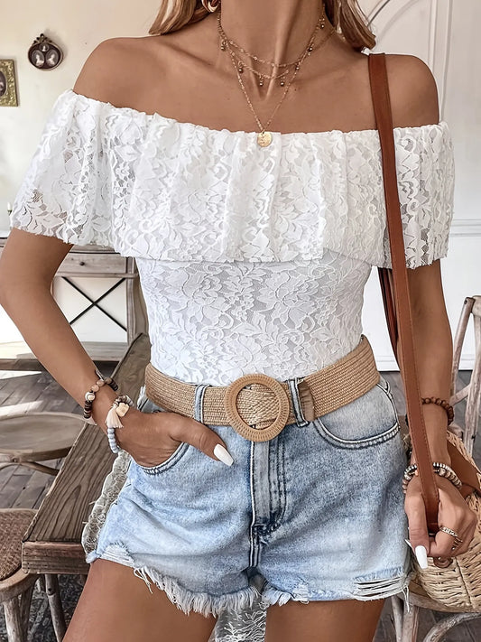 Off Shoulder Lace Ruffle Blouse White