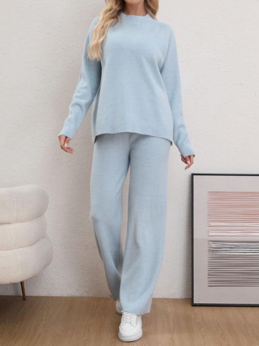 Mock Neck Long Sleeve Top and Pants Sweater Set Light Blue One Size
