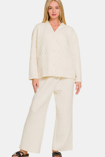 Zenana Quilted Button Up Long Sleeve Top and Pants Lounge Set Cream