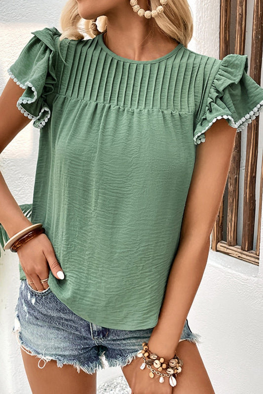 Perfee Pleated Detail Flutter Sleeve Blouse Sage