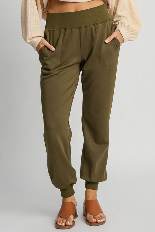 Umgee Full Size High Rise Elastic Waist Knit Joggers with Pockets Plus Size Olive