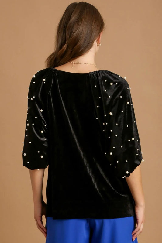 Umgee Full Size Pearl Detail Velvet Round Neck Top Plus Size