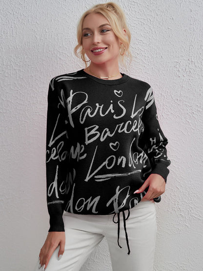 Drawstring Hem Letter Pattern Round Neck Dropped Shoulder Sweater Black One Size