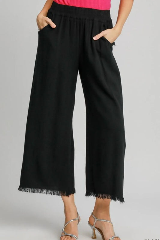 Umgee Full Size Linen Blend Elastic Waistband Wide Leg Pants Plus Size Black