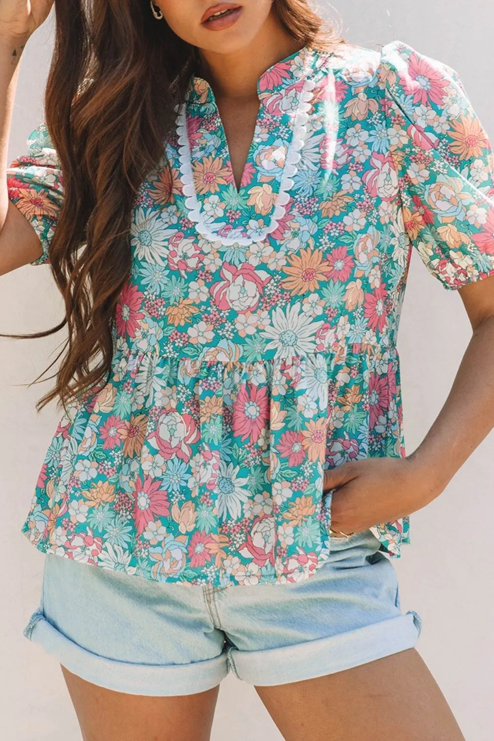 Multicolour Notched Neck Puff Short Sleeve Floral Blouse