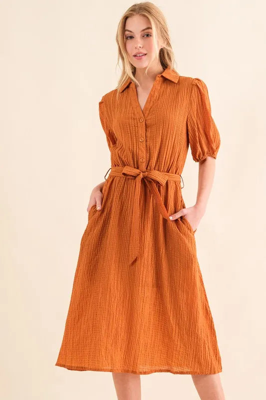 And The Why Waffle Textured Ribbon Waist Midi Dress Caramel