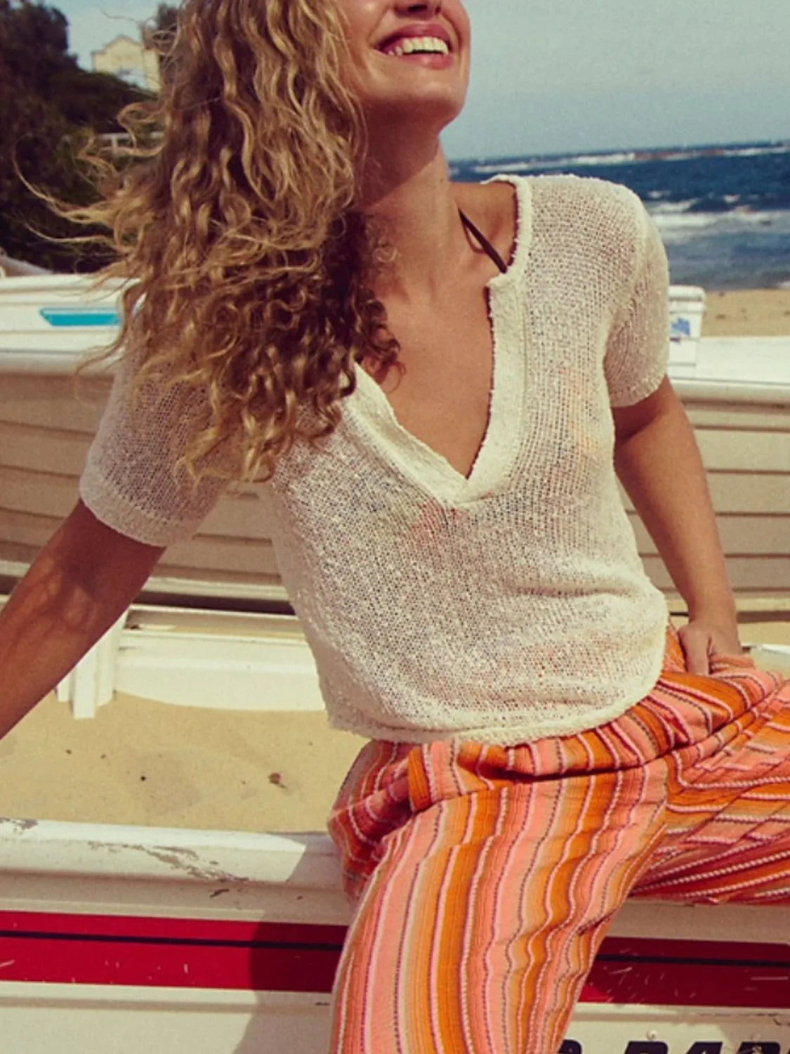 Notched Short Sleeve Knit Top Tan