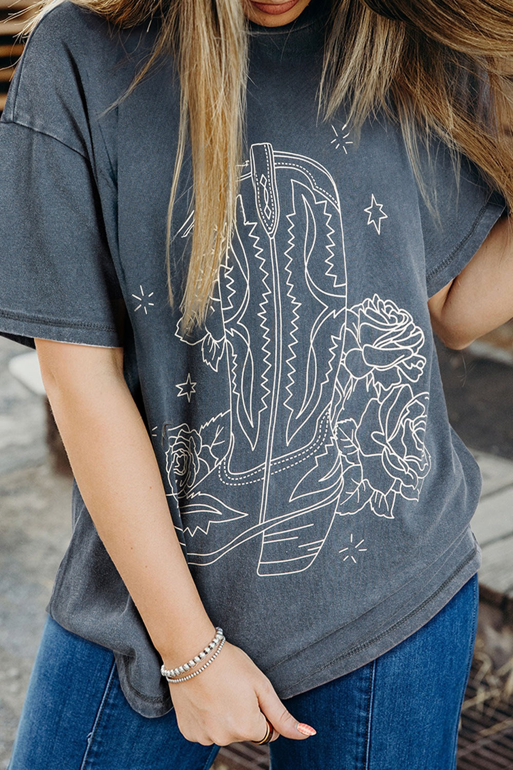 Western Cowboy Boots Graphic T-Shirt Gray