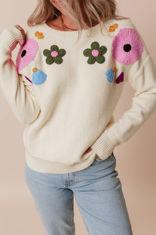 Crochet Flower Round Neck Dropped Shoulder Sweater Tan