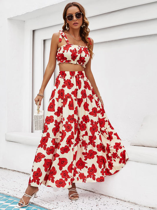 Honey Floral Tie Shoulder Top and Tiered Maxi Skirt Set Deep Red