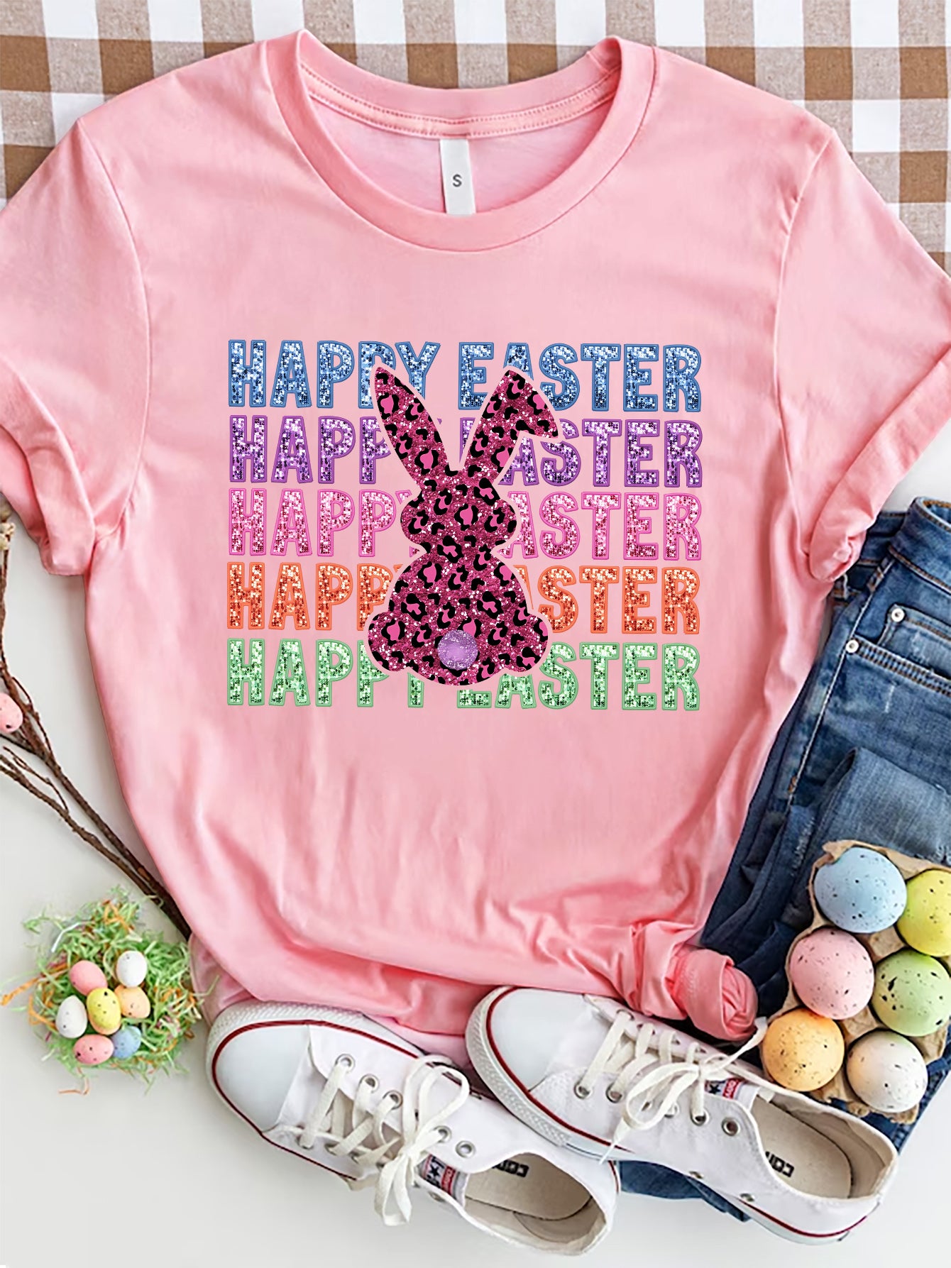 HAPPY EASTER Round Neck Short Sleeve T-Shirt Blush Pink