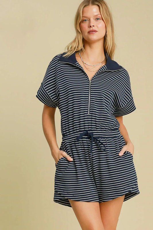 Umgee Full Size Half Zip Striped Romper Plus Size Dark Navy