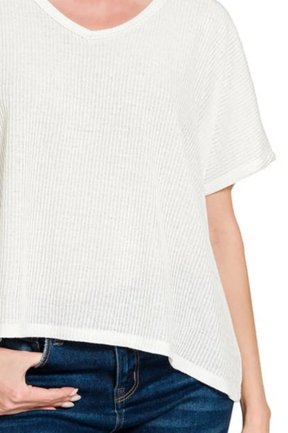 Zenana Ribbed V-Neck Short-Sleeve Knit Top